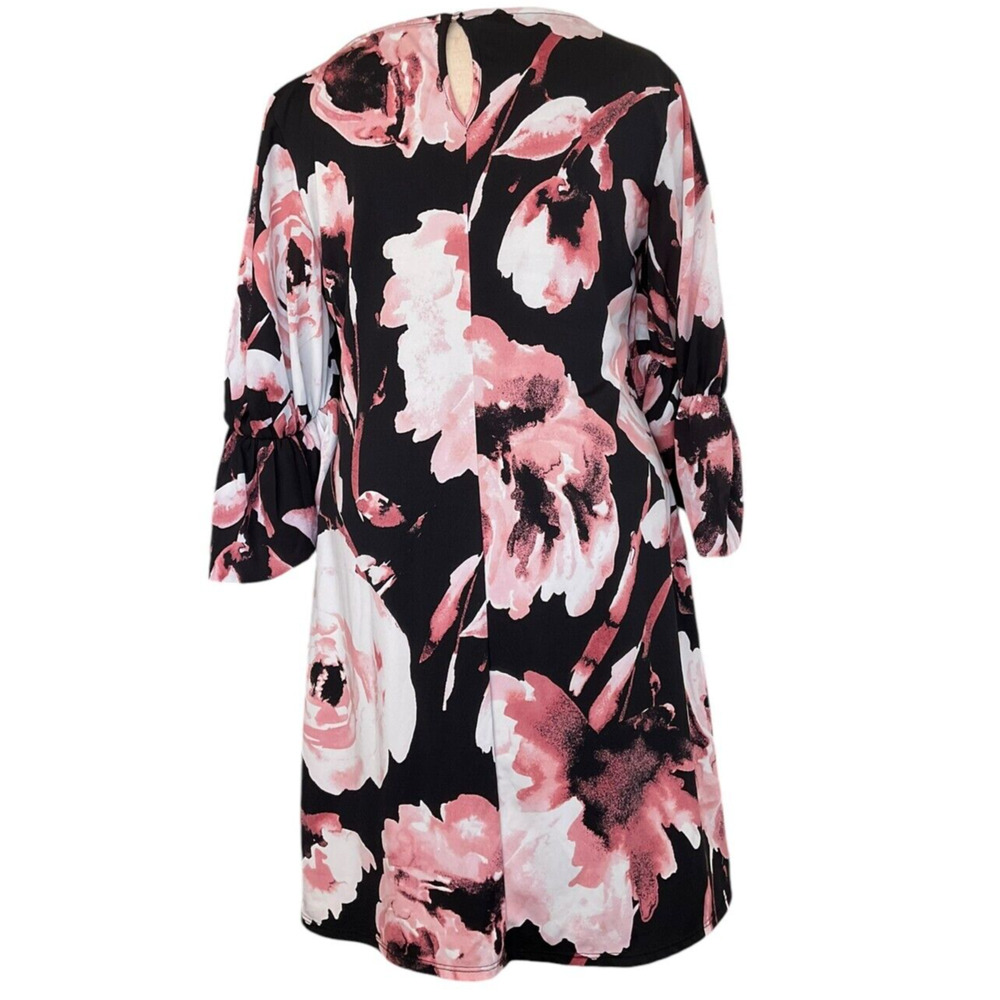 Cato L Black Pink Floral Puff Sleeve Dress Polyester Spandex Keyhole Back - Picture 2 of 13
